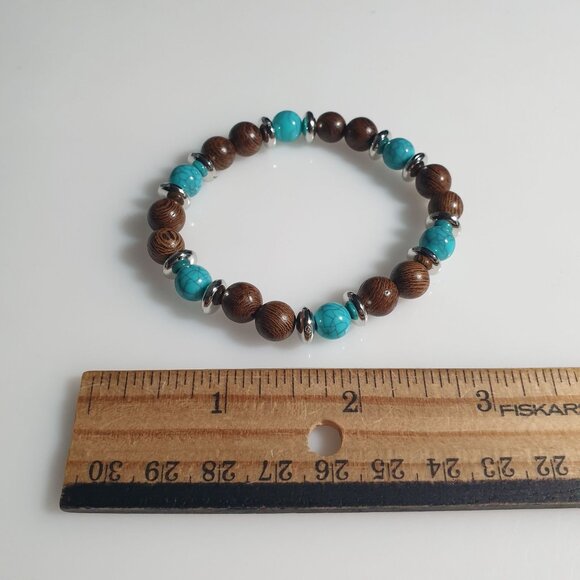 Wooden Acrylic Bead Stretch Bracelet Round Silver Tone Accent Handmade Boho Gift - Picture 2 of 3